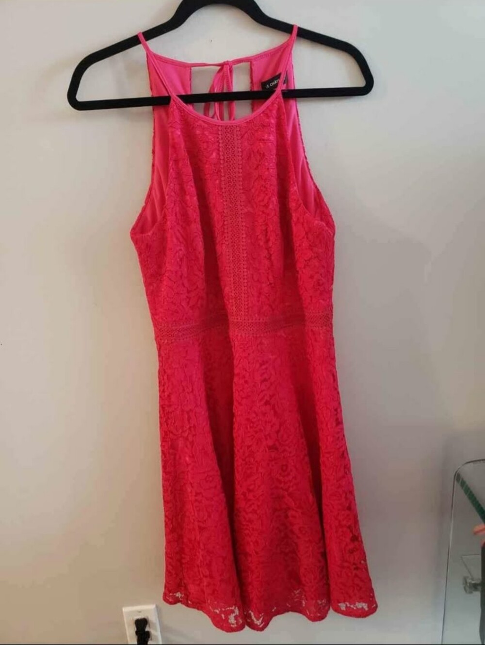 le chateau Hot Pink Lace Halter Skater Dress
